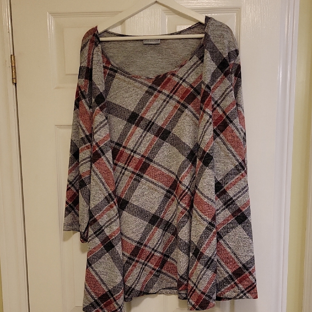 Catherines Gray and Red Plaid Long Sleeve Top